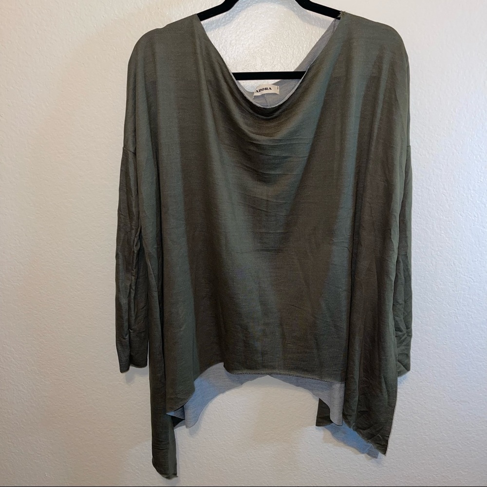 NWT Adora Solid Olive Green Boat Neck Split Side Asymmetrical Long Sleeve Top - Picture 9 of 17
